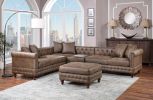 Dark Coffee Breathable Leatherette 4pc Sectional Set 3x Reversible Loveseat / Chaise and 1x Ottoman Tufted Couch Pillows