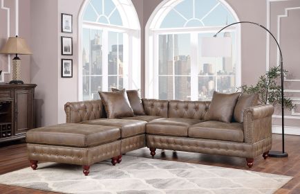 Dark Coffee Breathable Leatherette 3pc Sectional Set 2x Reversible Loveseat / Chaise and 1x Ottoman Tufted Couch Pillows