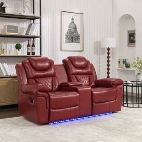 Home Theater Seating Manual Recliner Loveseat with Hide-Away Storage, Cup Holders and LED Light Strip for Living Room, Wind Red