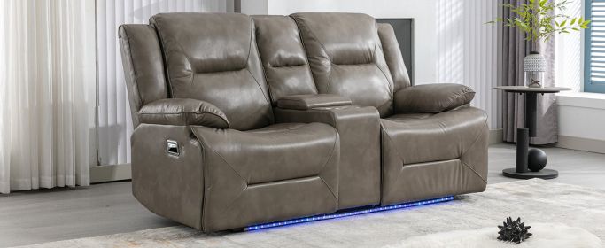 2 Seater Home Theater Recliner Manual Recliner Chair with a LED Light Strip Two Cup Holders and a Storage Box for Living Room,Bedroom, Grey