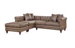 Dark Coffee Breathable Leatherette 3pc Sectional Set 2x Reversible Loveseat / Chaise and 1x Ottoman Tufted Couch Pillows