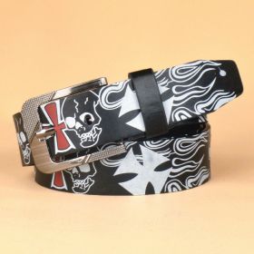 Men's Pin Buckle Skull Head Pattern Belt (Color: black, size: 43.3inch)