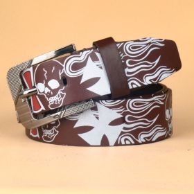 Men's Pin Buckle Skull Head Pattern Belt (Color: Coffee, size: 43.3inch)