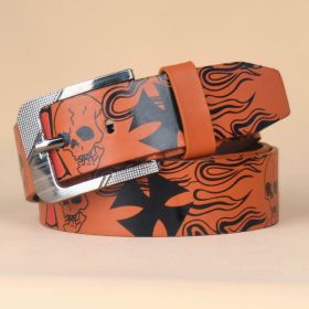 Men's Pin Buckle Skull Head Pattern Belt (Color: BROWN, size: 43.3inch)