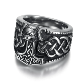 Beowulf Regalia Handcrafted Stainless Steel Thor's Hammer And Celtic Knotwork Ring (size: US13)