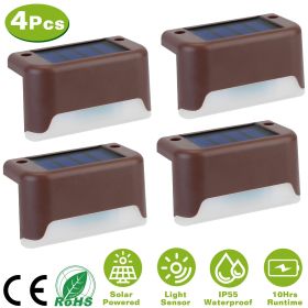 4Pcs Solar Powered LED Step Lights Outdoor IP55 Waterproof Dusk To Dawn Sensor Fence Lamps (Light Color: Warm, Color: BROWN)