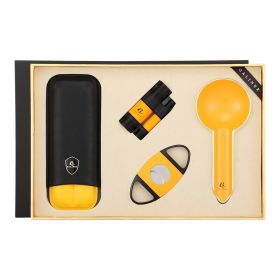 GALINER Travel Cigar Set Torch Lighters W/ Cigar Punch Sharp Cutter Tobacco Guillotine Metal Ashtray Leather Cigar Case 2 Tube (Color: Yellow)